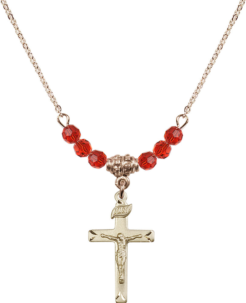 14kt Gold Filled Crucifix Birthstone Necklace with Ruby Beads - 5668