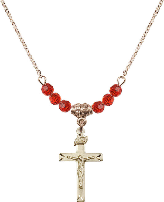 14kt Gold Filled Crucifix Birthstone Necklace with Ruby Beads - 5668