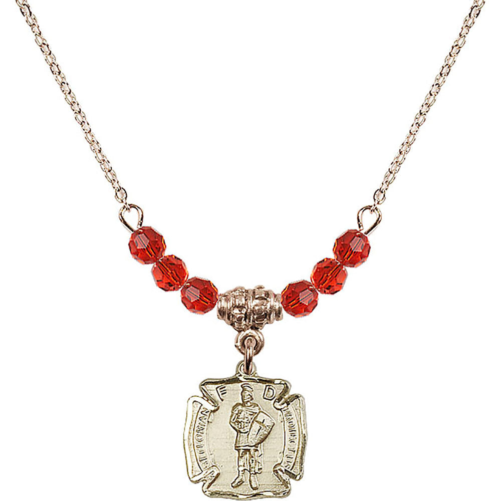 14kt Gold Filled Saint Florian Birthstone Necklace with Ruby Beads - 5686