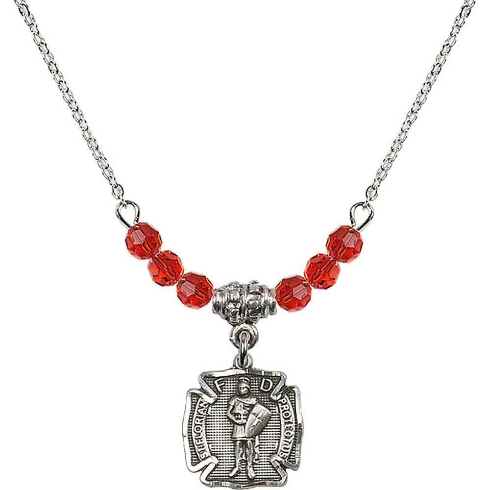 Sterling Silver Saint Florian Birthstone Necklace with Ruby Beads - 5686