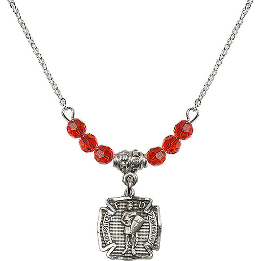 Sterling Silver Saint Florian Birthstone Necklace with Ruby Beads - 5686