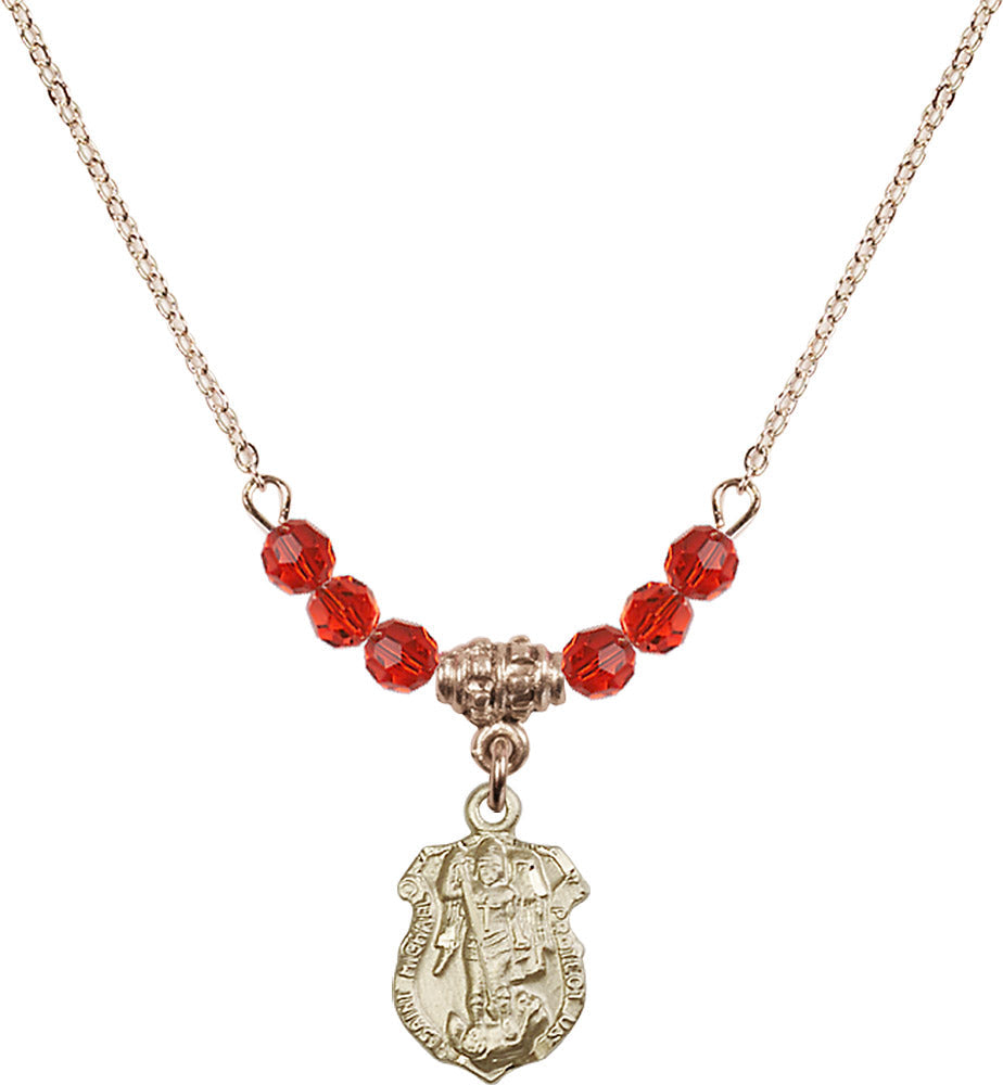 14kt Gold Filled Saint Michael the Archangel Birthstone Necklace with Ruby Beads - 5699