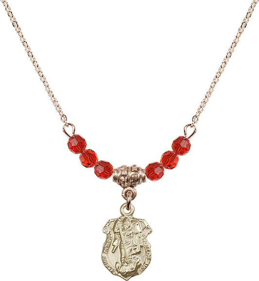 14kt Gold Filled Saint Michael the Archangel Birthstone Necklace with Ruby Beads - 5699