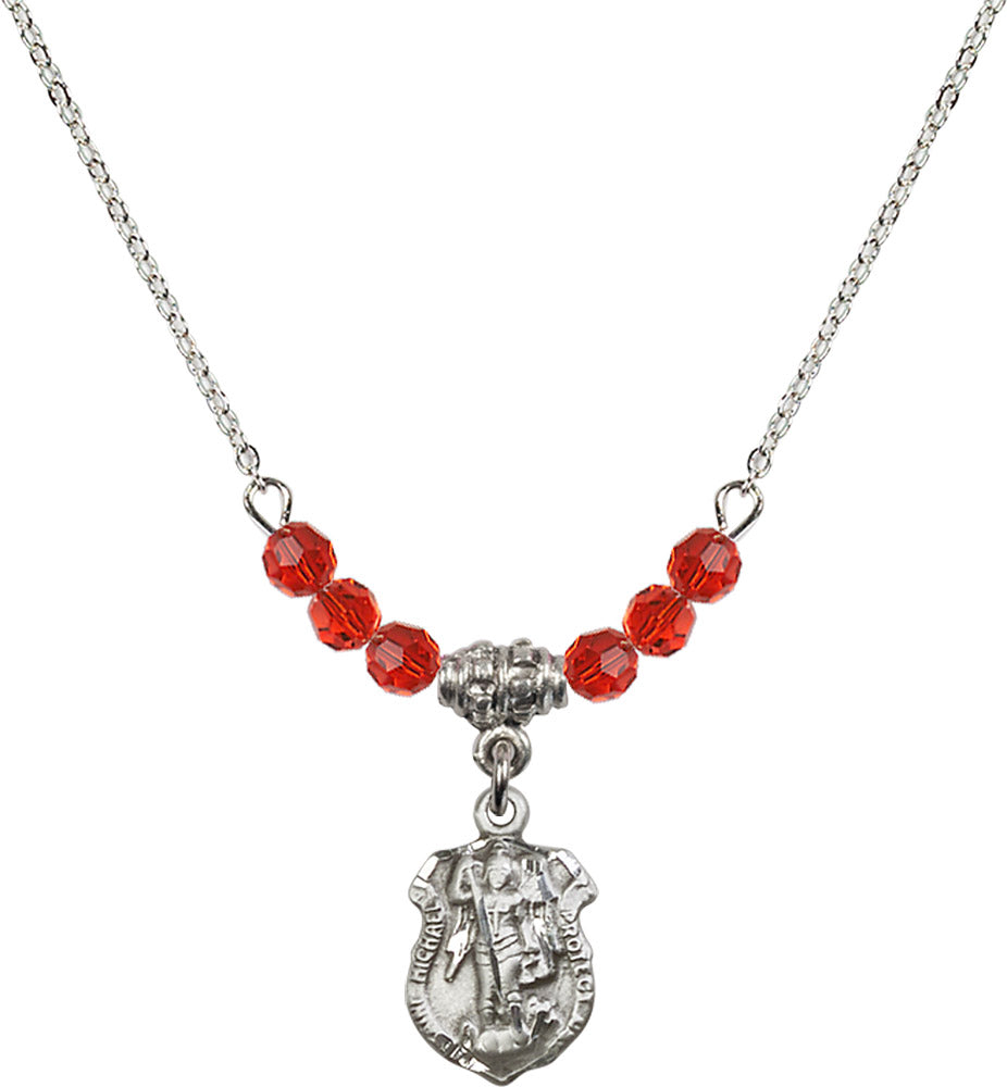 Sterling Silver Saint Michael the Archangel Birthstone Necklace with Ruby Beads - 5699