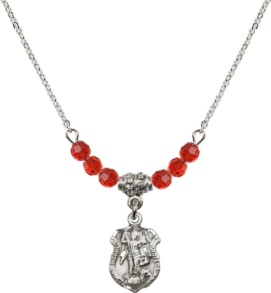 Sterling Silver Saint Michael the Archangel Birthstone Necklace with Ruby Beads - 5699