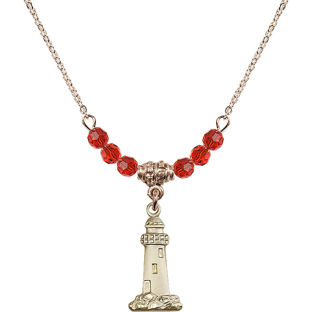 14kt Gold Filled Lighthouse Birthstone Necklace with Ruby Beads - 5922