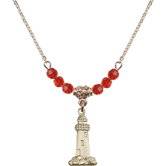 14kt Gold Filled Lighthouse Birthstone Necklace with Ruby Beads - 5922