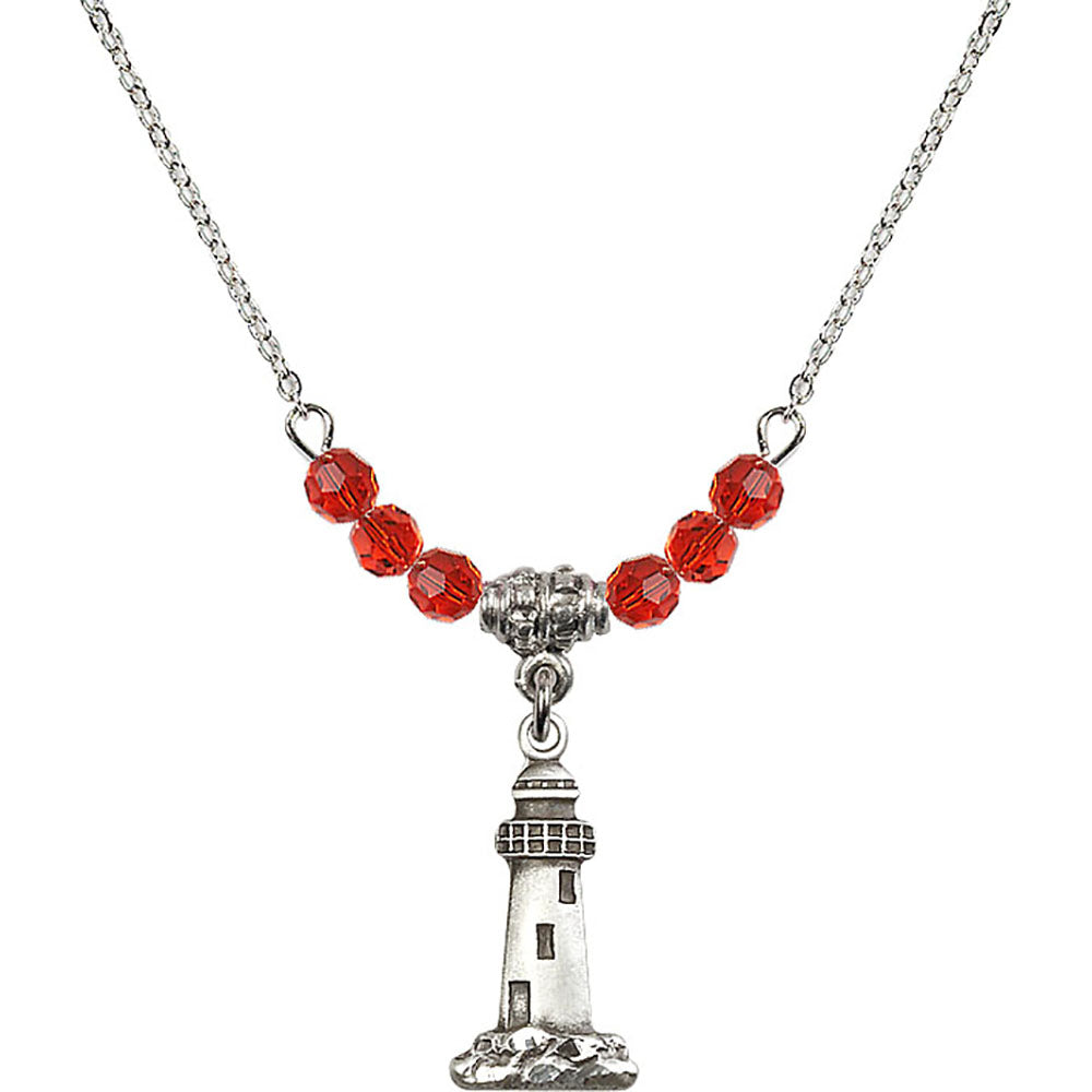 Sterling Silver Lighthouse Birthstone Necklace with Ruby Beads - 5922