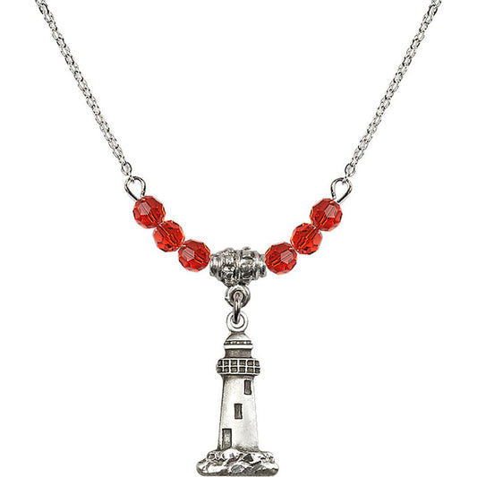 Sterling Silver Lighthouse Birthstone Necklace with Ruby Beads - 5922