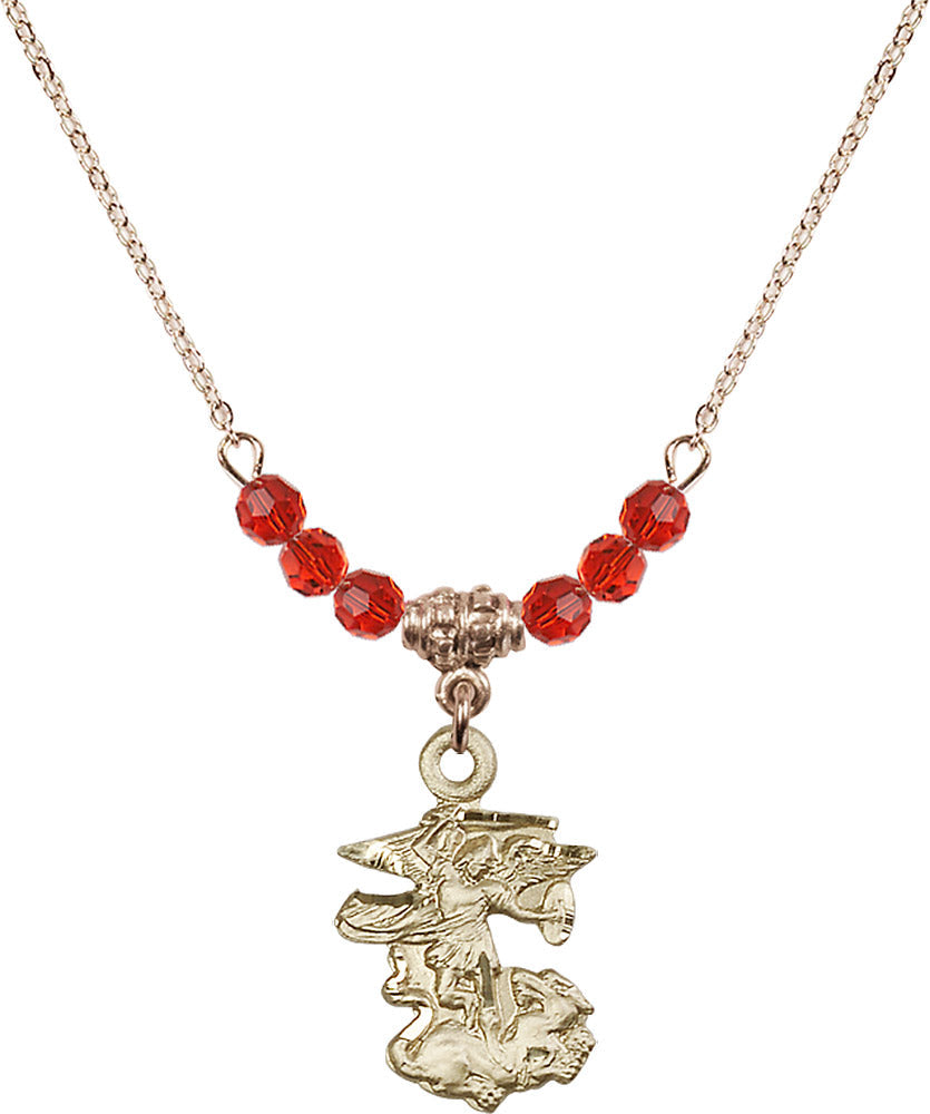 14kt Gold Filled Saint Michael the Archangel Birthstone Necklace with Ruby Beads - 5940