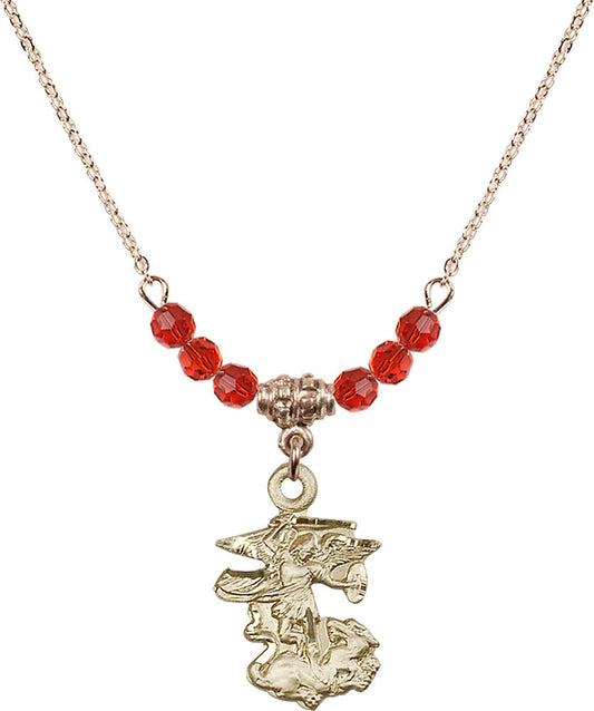 14kt Gold Filled Saint Michael the Archangel Birthstone Necklace with Ruby Beads - 5940