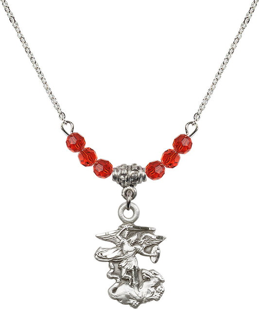 Sterling Silver Saint Michael the Archangel Birthstone Necklace with Ruby Beads - 5940