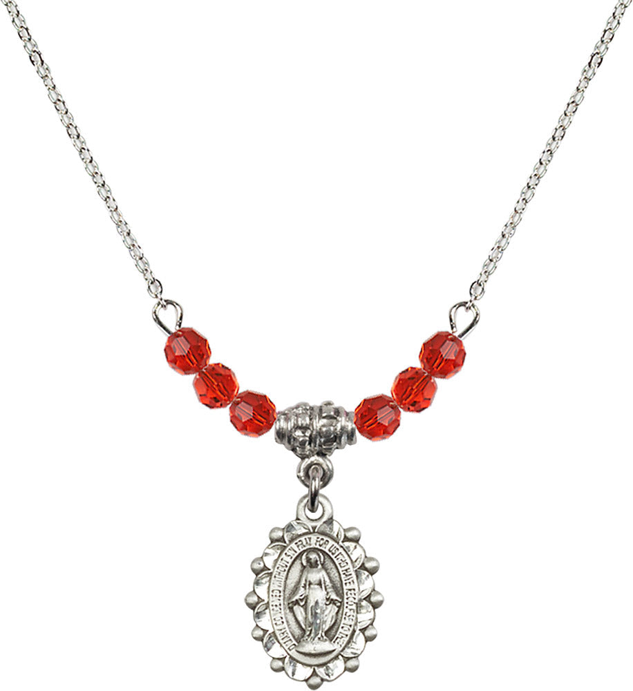 Sterling Silver Miraculous Birthstone Necklace with Ruby Beads - 6040