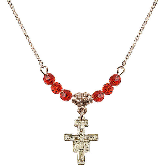 14kt Gold Filled San Damiano Crucifix Birthstone Necklace with Ruby Beads - 6078