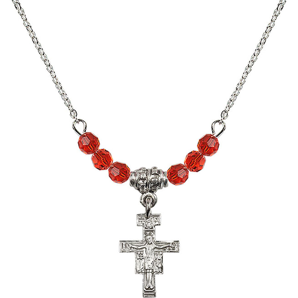 Sterling Silver San Damiano Crucifix Birthstone Necklace with Ruby Beads - 6078