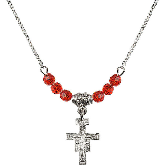 Sterling Silver San Damiano Crucifix Birthstone Necklace with Ruby Beads - 6078
