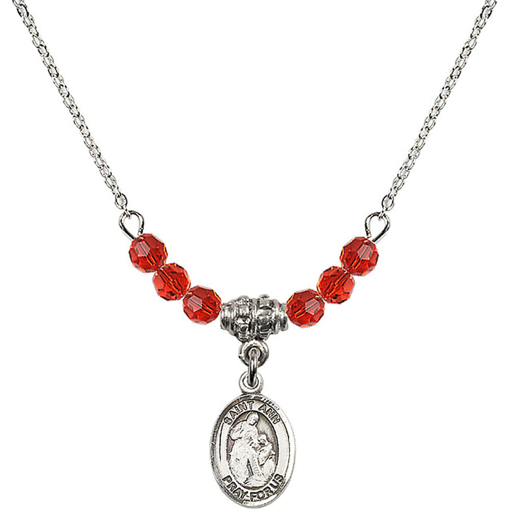 Sterling Silver Saint Ann Birthstone Necklace with Ruby Beads - 9002