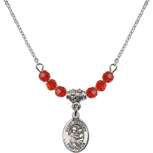 Sterling Silver Saint Anthony of Padua Birthstone Necklace with Ruby Beads - 9004