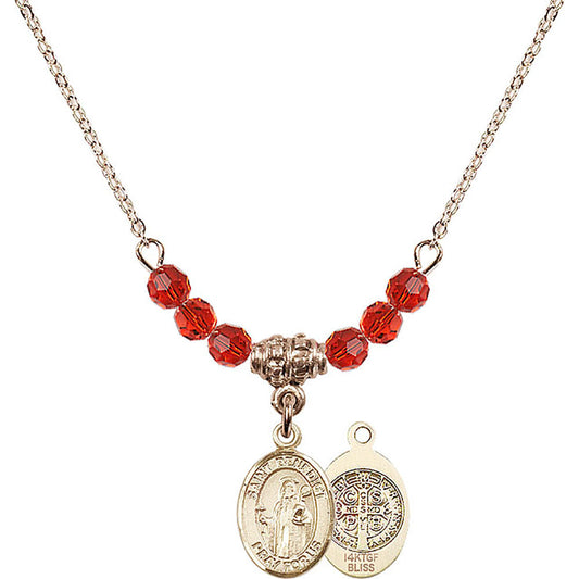 14kt Gold Filled Saint Benedict Birthstone Necklace with Ruby Beads - 9008