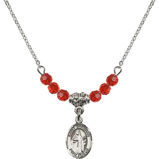 Sterling Silver Saint Brendan the Navigator Birthstone Necklace with Ruby Beads - 9018