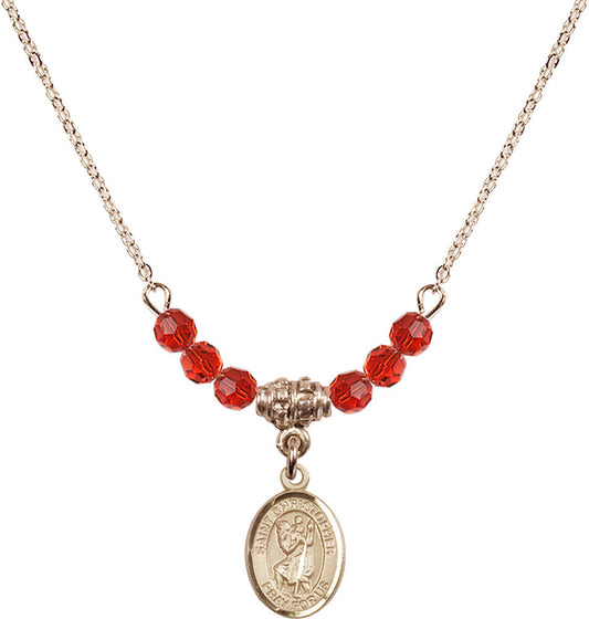 14kt Gold Filled Saint Christopher Birthstone Necklace with Ruby Beads - 9022