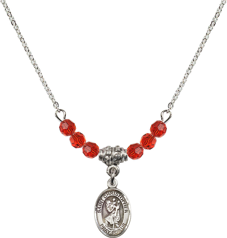 Sterling Silver Saint Christopher Birthstone Necklace with Ruby Beads - 9022