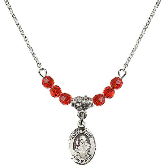Sterling Silver Saint Clare of Assisi Birthstone Necklace with Ruby Beads - 9028