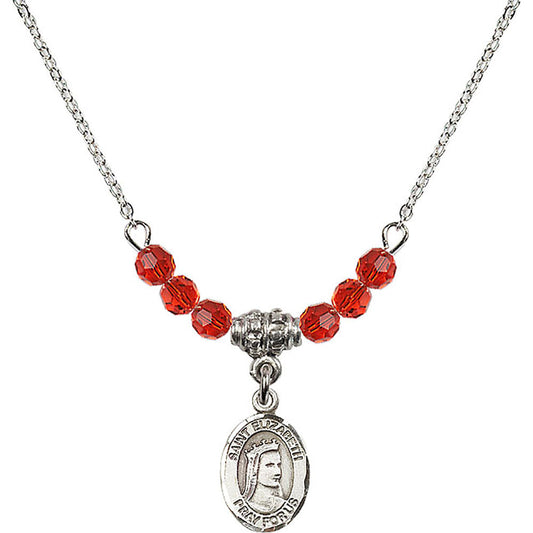 Sterling Silver Saint Elizabeth of Hungary Birthstone Necklace with Ruby Beads - 9033