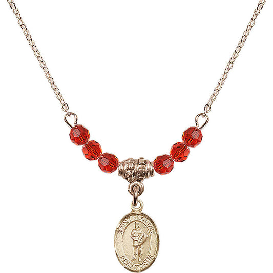 14kt Gold Filled Saint Florian Birthstone Necklace with Ruby Beads - 9034