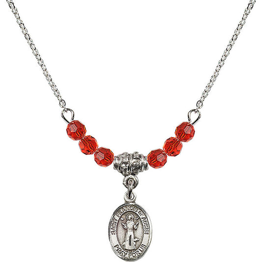 Sterling Silver Saint Francis of Assisi Birthstone Necklace with Ruby Beads - 9036