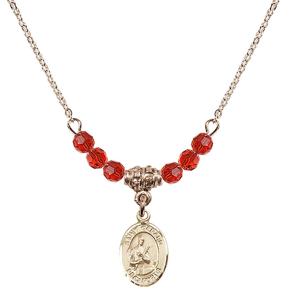 14kt Gold Filled Saint Gerard Majella Birthstone Necklace with Ruby Beads - 9042