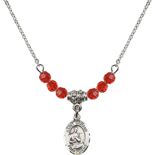 Sterling Silver Saint Gerard Majella Birthstone Necklace with Ruby Beads - 9042