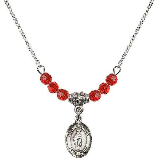 Sterling Silver Saint Gregory the Great Birthstone Necklace with Ruby Beads - 9048