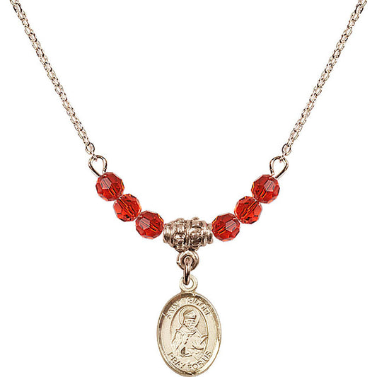 14kt Gold Filled Saint Isidore of Seville Birthstone Necklace with Ruby Beads - 9049