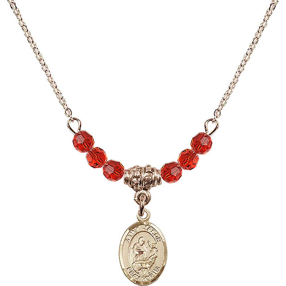 14kt Gold Filled Saint Jason Birthstone Necklace with Ruby Beads - 9051