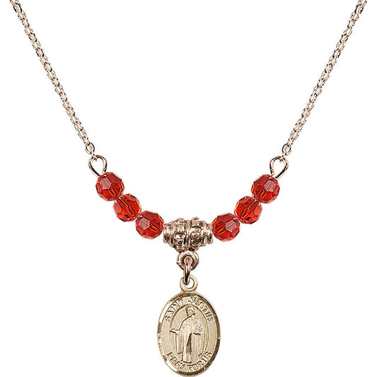 14kt Gold Filled Saint Justin Birthstone Necklace with Ruby Beads - 9052