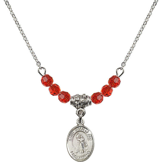 Sterling Silver Saint Joan of Arc Birthstone Necklace with Ruby Beads - 9053