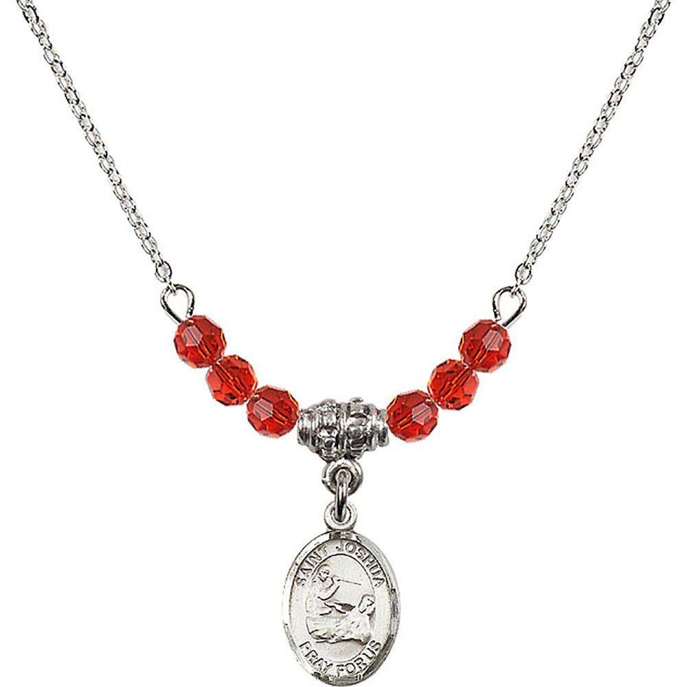 Sterling Silver Saint Joshua Birthstone Necklace with Ruby Beads - 9059