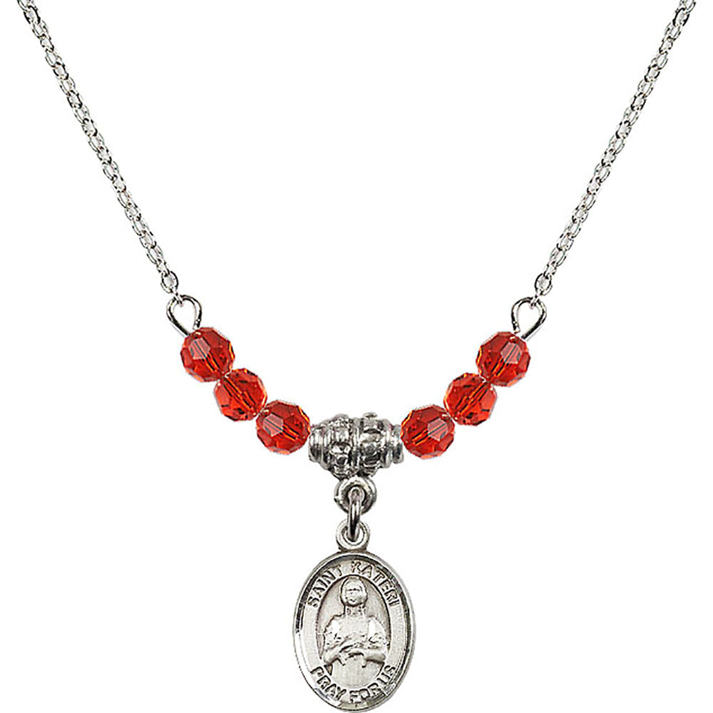 Sterling Silver Saint Kateri Tekakwitha Birthstone Necklace with Ruby Beads - 9061