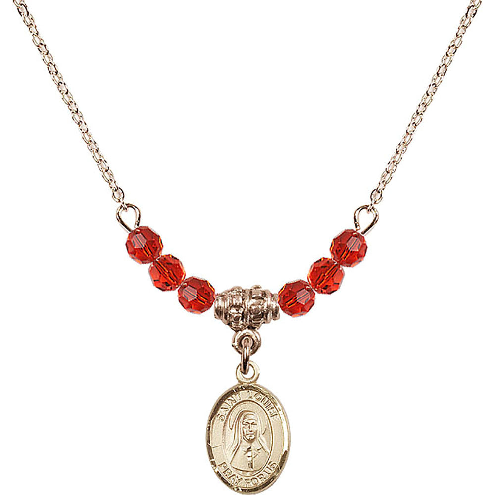 14kt Gold Filled Saint Louise de Marillac Birthstone Necklace with Ruby Beads - 9064