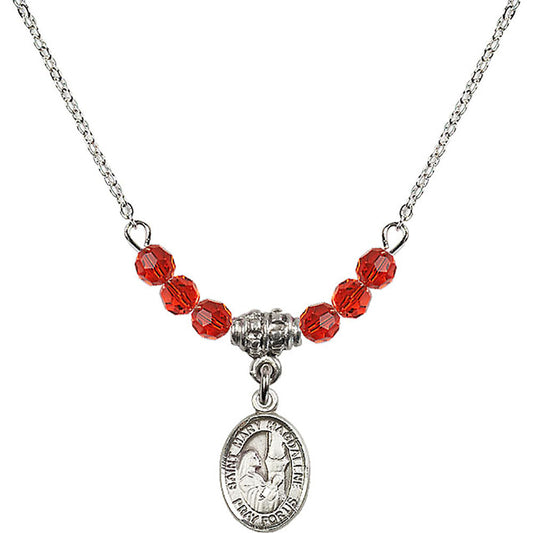 Sterling Silver Saint Mary Magdalene Birthstone Necklace with Ruby Beads - 9071