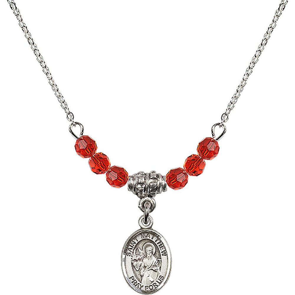 Sterling Silver Saint Matthew the Apostle Birthstone Necklace with Ruby Beads - 9074