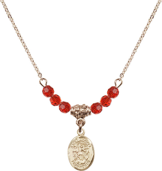14kt Gold Filled Saint Michael the Archangel Birthstone Necklace with Ruby Beads - 9076
