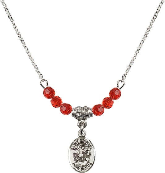 Sterling Silver Saint Michael the Archangel Birthstone Necklace with Ruby Beads - 9076