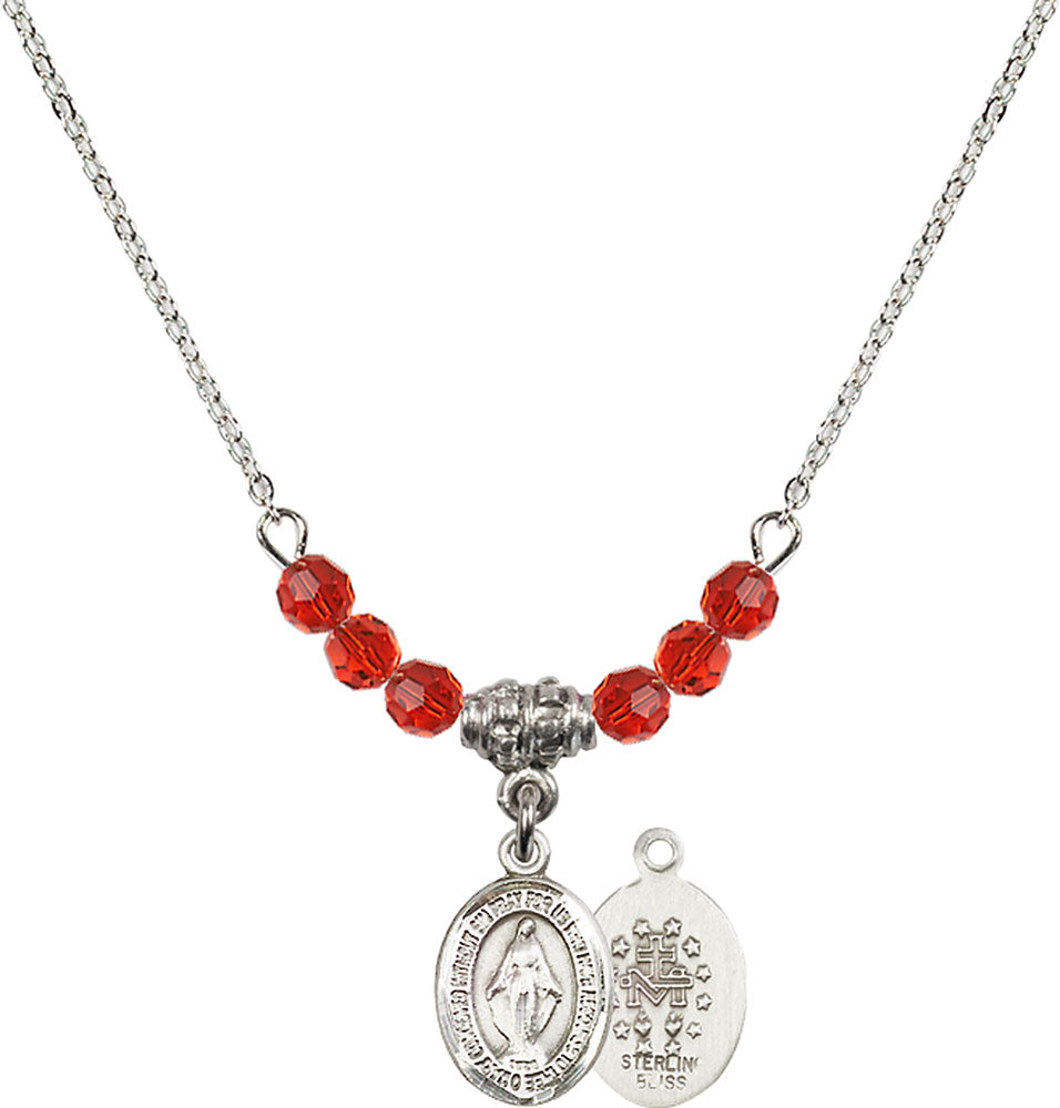 Sterling Silver Miraculous Birthstone Necklace with Ruby Beads - 9078