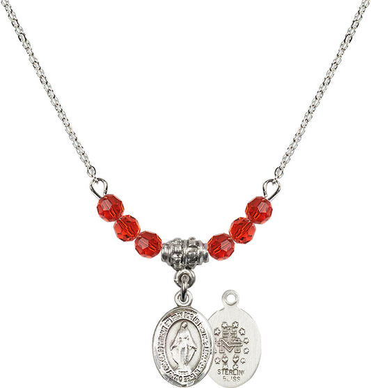 Sterling Silver Miraculous Birthstone Necklace with Ruby Beads - 9078