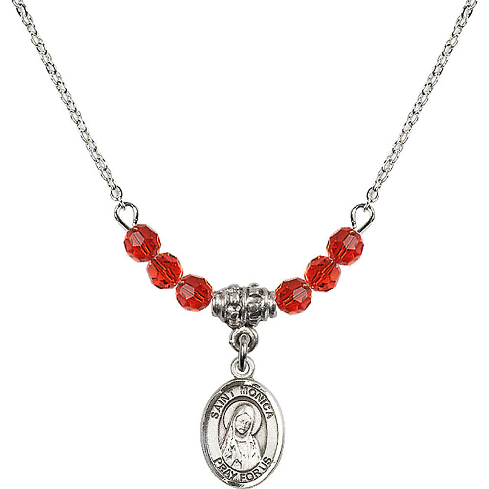 Sterling Silver Saint Monica Birthstone Necklace with Ruby Beads - 9079