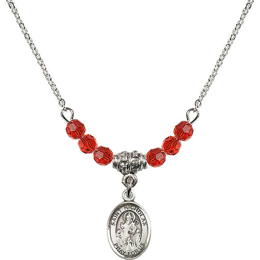 Sterling Silver Saint Nicholas Birthstone Necklace with Ruby Beads - 9080