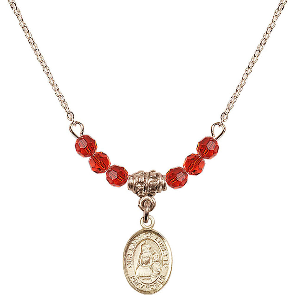 14kt Gold Filled Our Lady of Loretto Birthstone Necklace with Ruby Beads - 9082