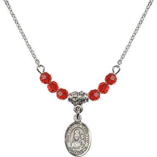 Sterling Silver Our Lady of Loretto Birthstone Necklace with Ruby Beads - 9082